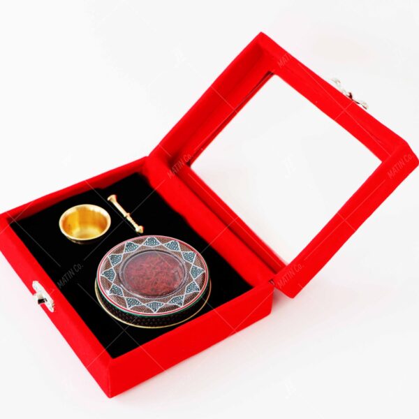 Saffron packaging-Velvet Box with window, tin container, mortar and pestle